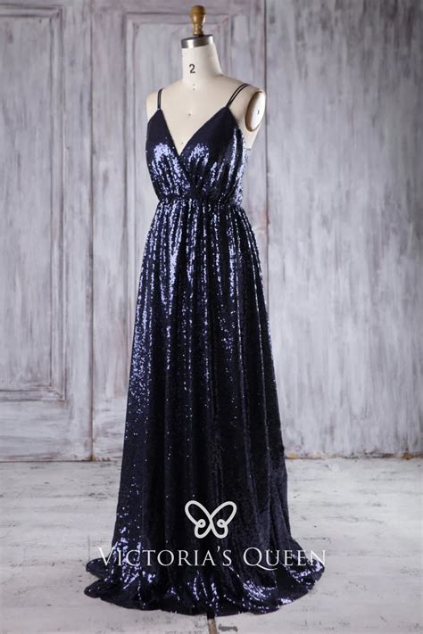 Bedazzled Navy Sequin Bridesmaid Dress Spaghetti Straps Vq