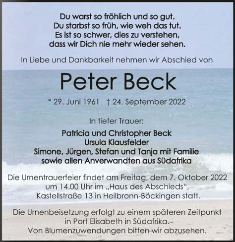 Traueranzeigen Von Peter Beck Trauerundgedenken De