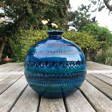 Mid Century Bitossi Rimini Blue Pottery Ball Vase By Aldo Londi Italy