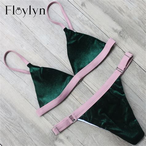 Floylyn Women Swimsuit Metal Ring Bikini Set Velvet Swimwear Bikini