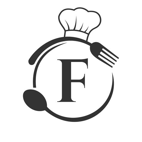 Restaurant Logo On Letter F Concept With Chef Hat Spoon And Fork For