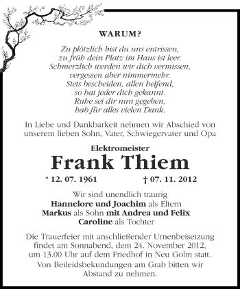 Traueranzeigen Von Frank Thiem M Rkische Onlinezeitung Trauerportal