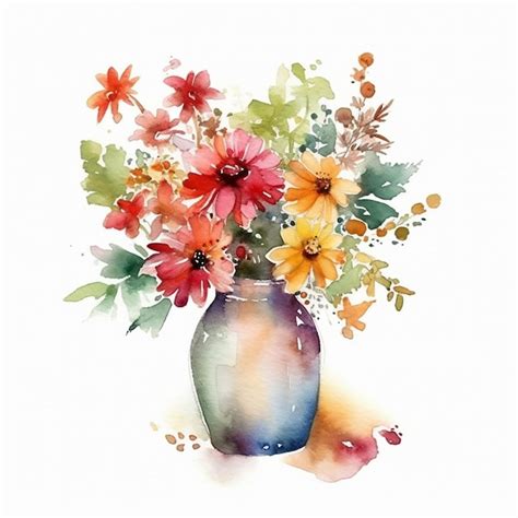 Premium Ai Image Watercolor Painting Of A Vase With Flowers And Leaves