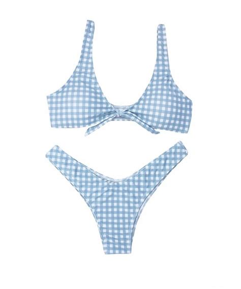 Womens Plaid Tie Knot Front Bikini Push Up Thong Bottom Padded Swimsuits Bathing Suits Blue