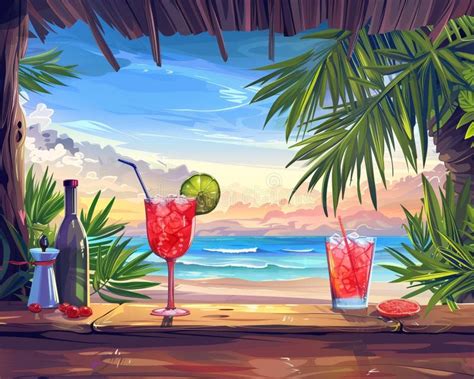 A Tropical Beach Bar With Cocktails And Palm Trees Providing A Festive