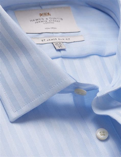 Men S Non Iron Blue Herringbone Stripe Slim Shirt French Cuff Hawes