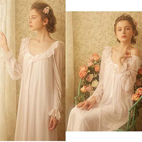 Womens Victorian Nightgown Long Sheer Vintage Nightdress Lace Lounge Sleepwear Mesh Cotton