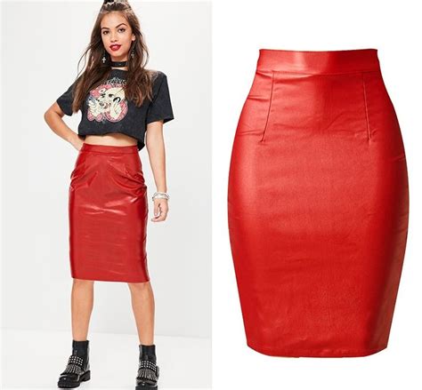 Ladies Knee Length Pu Red Skirts Women Leather Skirt Summer Pu Leather