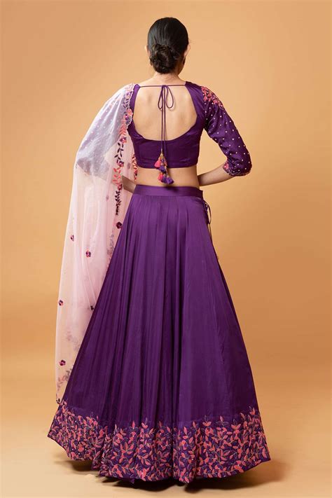 Buy Quench A Thirst Purple Modal Silk Floral Embroidered Lehenga Set