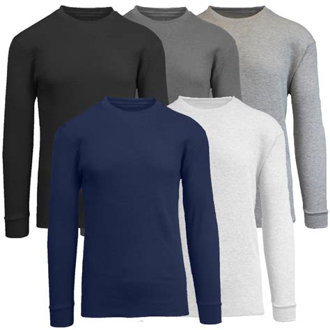 5 Pack Mens Thermal Shirts Waffle Knit Henley And Crew Neck Styles