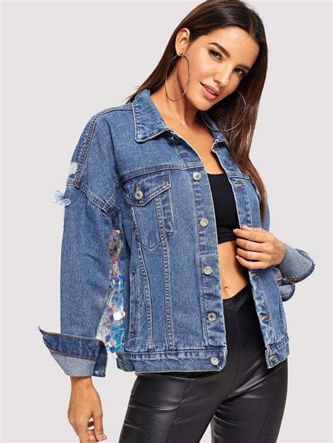 Sequin Contrast Drop Shoulder Denim Jacket Denim Jacket Denim Fashion Denim Women