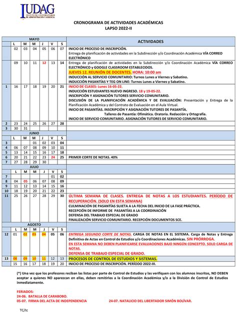 Cronograma de Actividades Académicas Lapso 2022 II IUDAG