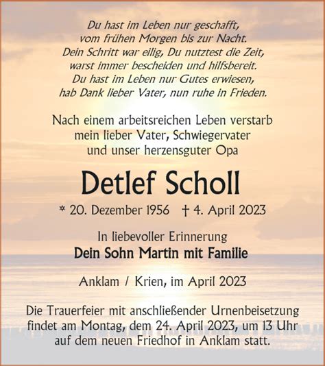 Traueranzeigen Von Detlef Scholl Trauer Nordkurier