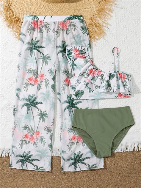 Conjunto de bikini con estampado tropical y ribete de volantes con pantalón pareo para niña