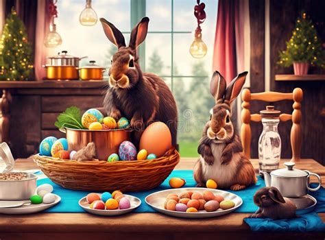 Two Easter Bunnies With Colorful Easter Eggs Sitting On The Table On