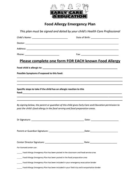 Food Allergy Emergency Plan Form Fill Out And Sign Printable Pdf