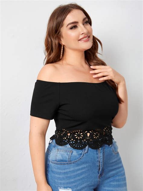 Shein Priv Plus Off Shoulder Laser Cut Scallop Edge Tee Shein Usa