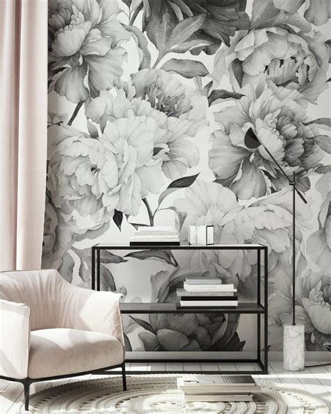 Dark Floral Wallpaper Peel And Stick Self Adhesive Charcoal Etsy Grey Floral Wallpaper