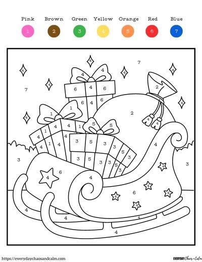 The Color By Number Christmas Coloring Page With Presents On Sleigh And