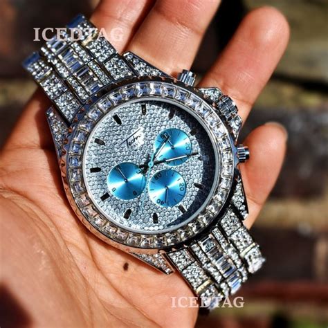 Accessories | Full Iced Out Chronograph Stylish Aqua Face Watch | Poshmark