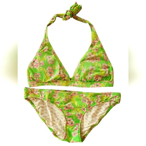 Lilly Pulitzer Vintage Bikini Swimsuit Pink Green Whi Gem