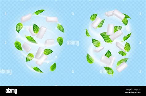 Swirls Of Chewing Gums And Mint Leaves Flying On Wind Concept Of Fresh Breath Menthol Flavor