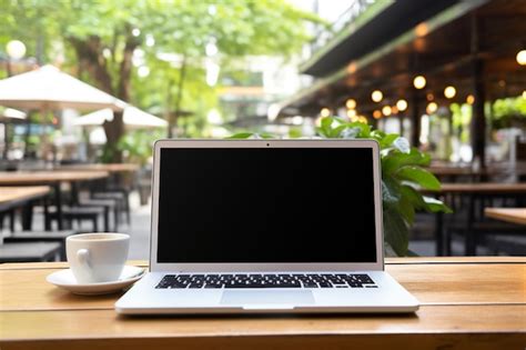 Premium Photo Laptop With Mock Up Blank Screen On Wooden Table In