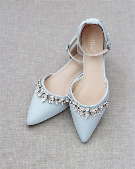 Satin Pointy Toe Flats With Teardrop Rhinestones Embellishments Blue