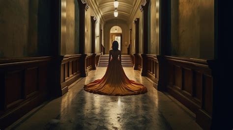 Premium Ai Image A Woman In A Long Dress Stands In A Dark Hallway