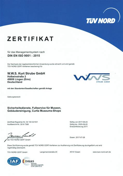 Zertifikat ISO 9001 Wach Und Werkschutz Kurt Strube GmbH