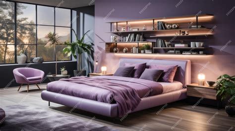 Premium AI Image | A purple bedroom with a bed and shelves