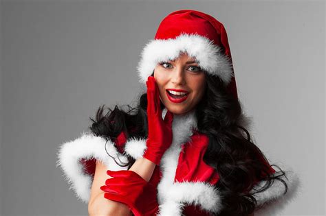 White Model Craciun Brunette Gloves Girl Woman Christmas Red