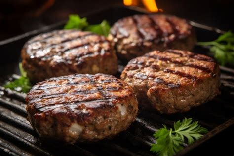 Tempting And Mouthwatering Grilled Meat Burger Patty Sizzling To Perfection On A Hot Pan Stock