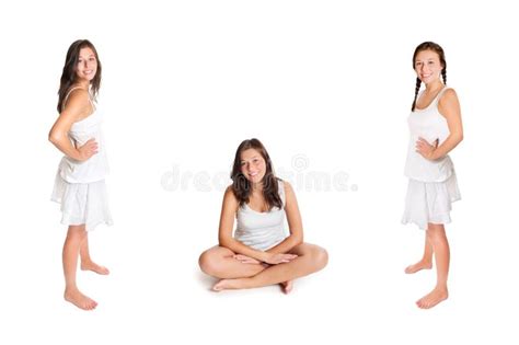 Tre Foton Av En Vacker Ung Kvinna Som B R En Bikini I Baddr Kt Och Klassisk Del Av Hennes