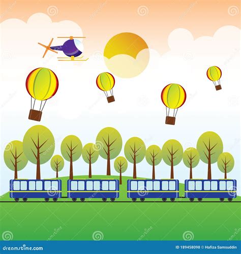 Train Hot Air Balloon And Helicopter Vector Illustration Decorative Design Stock Vector