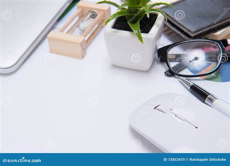 Desk With Tools And Notebook Office Deskoffice Desk Table Stock Photo