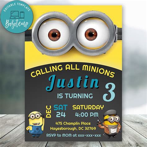 Archivo Digital De Invitaci N De Cumplea Os De Minion Editable Bobotemp