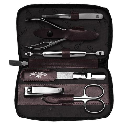 Zwilling 6 Piece Manicure Set In Golden Head Leather Case Bordeaux