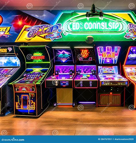 A Retro Arcade Game Room With Classic Pinball Machines Neon Signs And