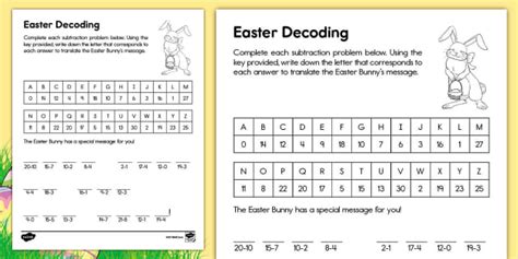 Easter Bunny Subtraction Decoding Activity For K 1st Grade