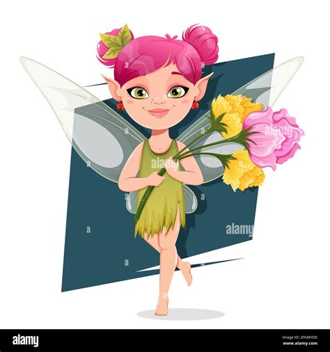 Beautiful Fairy Cartoon Character Cheerful Magic Fairy With Flowers