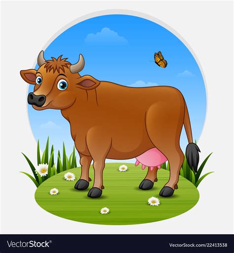 Cartoon brown cow on green meadow Royalty Free Vector Image