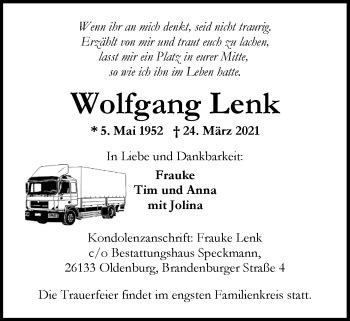 traueranzeigen von wolfgang lenk nordwest trauerde