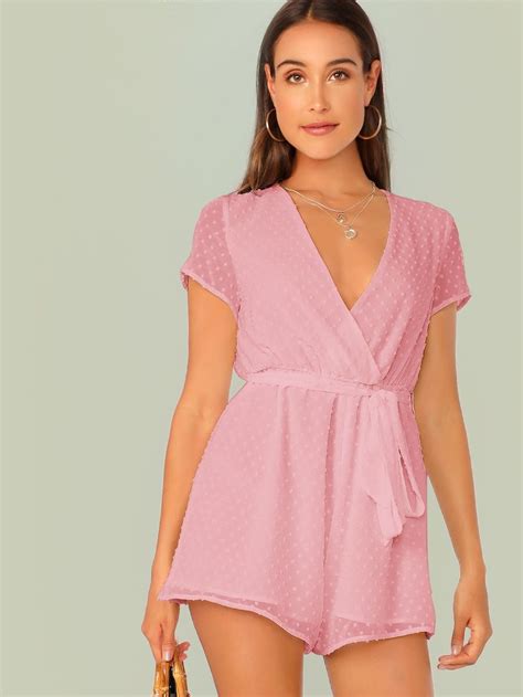 SHEIN Surplice Neck Belted Swiss Dot Romper Rompers Two Piece