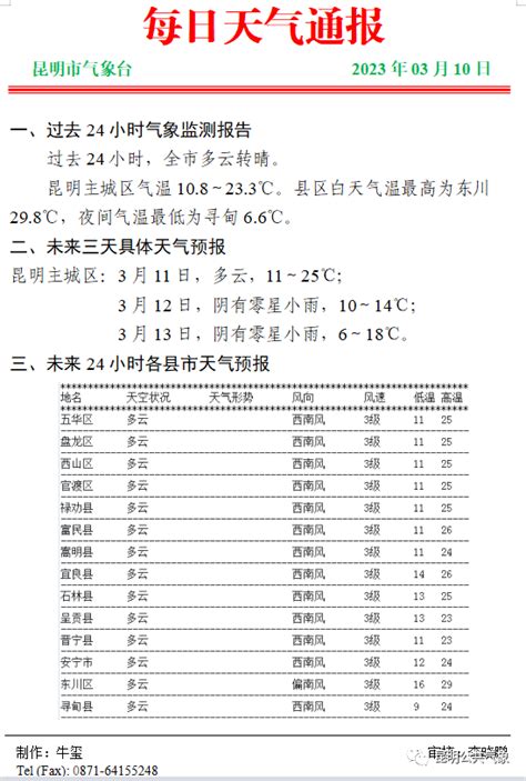 每日天气通报2023年3月10日16时 昆明市气象台发布