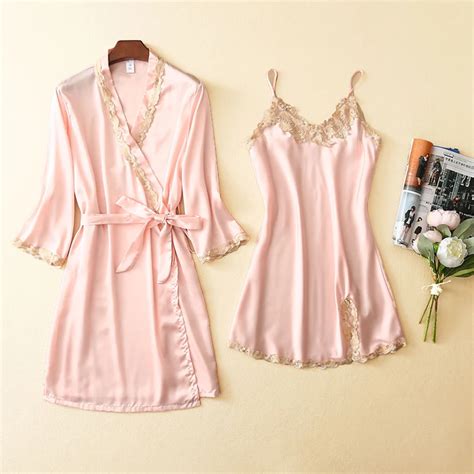 Women 2pcs Sleepwear Lace Wedding Bride Nightyandrobe Set Satin Sexy