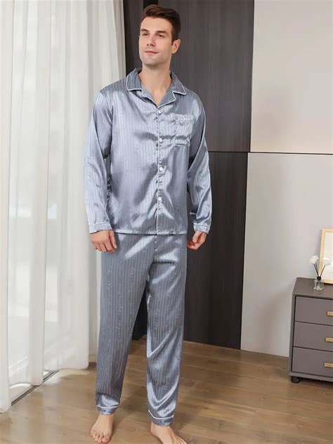 Mens Casual Pajamas Sets Glossy Solid Long Sleeve Lapel Temu Ireland