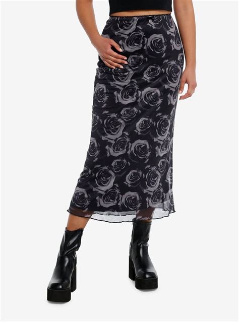 Cosmic Aura® Black And Grey Roses Midi Skirt Hot Topic In 2024 Black