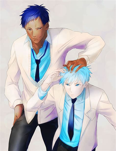 Safebooru 2boys Aomine Daiki Blue Eyes Blue Hair Dark Skin Hair Tussle Highres Kuroko No