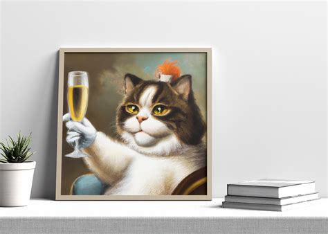 Cat Drinking Wine Print Fun Cat Wall Art Cat Drinking Wine Print Cat